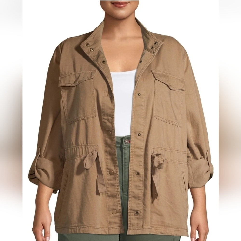 Terra & Sky Brown Snap Front Utility Jacket w/Rolled Tab Sleeve Size Women's 2X